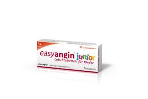 Sie sehen eine Packung easyangin junior Lutschtabletten für Kinder, Produktbild: 01 easyangin junior Lutschtabletten für Kinder, A-Nr.: 4150400 - 01