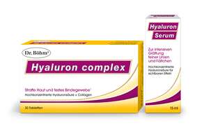 Sie sehen eine Packung Dr. Böhm Hyaluron complex Tabletten + Hyaluron Serum, Produktbild: 01 Dr. Böhm Hyaluron complex Tabletten + Hyaluron Serum, A-Nr.: 4835552 - 01