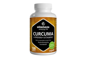 Sie sehen eine Packung Vitamaze Curcuma +Piperin u. Vit. C vegan, Produktbild: 01 Vitamaze Curcuma +Piperin u. Vit. C vegan, A-Nr.: 5179363 - 01
