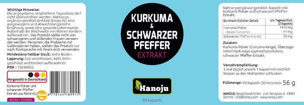 Sie sehen eine Packung Hanoju Curcuma Pulver + Schwarzer Pfeffer Extrakt Kapseln, Produktbild: 02 Hanoju Curcuma Pulver + Schwarzer Pfeffer Extrakt Kapseln, A-Nr.: 4255688 - 02