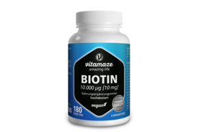 Sie sehen eine Packung Vitamaze Biotin 10mg hochdosiert vegan, Produktbild: 01 Vitamaze Biotin 10mg hochdosiert vegan, A-Nr.: 5274050 - 01