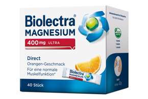 Sie sehen eine Packung Biolectra® Magnesium 400 mg Ultra Direct Orange Sticks 40 Stück, Produktbild: 01 Biolectra® Magnesium 400 mg Ultra Direct Orange Sticks 40 Stück, A-Nr.: 5048106 - 01