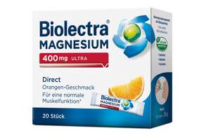 Sie sehen eine Packung Biolectra® MAGNESIUM 400 mg Ultra Direct Orange Sticks 20 Stück, Produktbild: 01 Biolectra® MAGNESIUM 400 mg Ultra Direct Orange Sticks 20 Stück, A-Nr.: 5048098 - 01