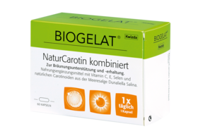 Sie sehen eine Packung Biogelat Naturcarotin kombiniert, Produktbild: 01 Biogelat Naturcarotin kombiniert, A-Nr.: 4084778 - 01