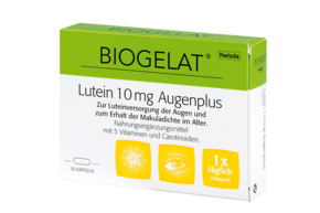 Sie sehen eine Packung Biogelat Lutein 10 mg Augenplus, Produktbild: 01 Biogelat Lutein 10 mg Augenplus, A-Nr.: 4084815 - 01