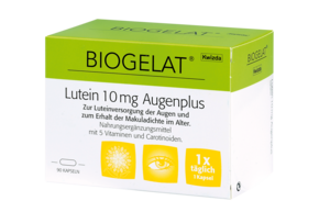 Sie sehen eine Packung Biogelat Lutein 10 mg Augenplus, Produktbild: 01 Biogelat Lutein 10 mg Augenplus, A-Nr.: 4084809 - 01