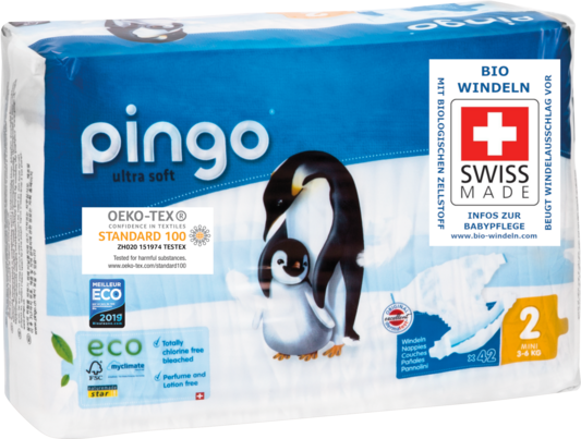 Sie sehen eine Packung Bio Windeln Mini 3-6kg Pinguin – Pingo Swiss, Produktbild: 02 Bio Windeln Mini 3-6kg Pinguin – Pingo Swiss, A-Nr.: 4559520 - 02