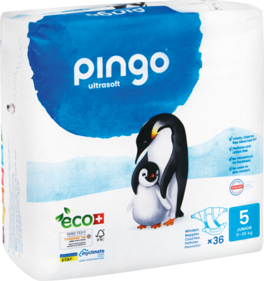 Sie sehen eine Packung Bio Windeln Junior 12-25kg Pinguin – Pingo Swiss, Produktbild: 01 Bio Windeln Junior 12-25kg Pinguin – Pingo Swiss, A-Nr.: 4559595 - 01