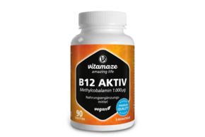 Sie sehen eine Packung Vitamaze B12 Aktiv 1000mcg vegan, Produktbild: 01 Vitamaze B12 Aktiv 1000mcg vegan, A-Nr.: 5179682 - 01
