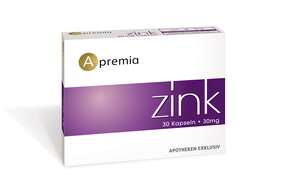 Sie sehen eine Packung Apremia Zink 30mg Kapseln, Produktbild: 01 Apremia Zink 30mg Kapseln, A-Nr.: 3936044 - 01