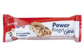 Sie sehen eine Packung all in® ACTIVE Power Riegel Nuts & Berries, sweet & salty (24 x 30g), Produktbild: 01 all in® ACTIVE Power Riegel Nuts & Berries, sweet & salty (24 x 30g), A-Nr.: 5332698 - 01