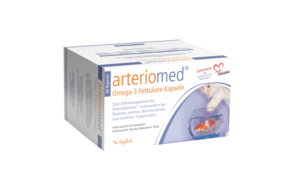 Sie sehen eine Packung arteriomed® Omega-3-Fettsäure-Kapseln, Produktbild: 01 arteriomed® Omega-3-Fettsäure-Kapseln, A-Nr.: 3053646 - 01