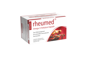 Sie sehen eine Packung rheumed® Omega-3-Fettsäure-Kapseln, Produktbild: 01 rheumed® Omega-3-Fettsäure-Kapseln, A-Nr.: 3551226 - 01