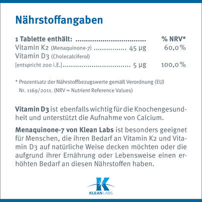 Menaquinone-7 Vitamin K2 45 mcg Klean Labs Tabletten, A-Nr.: 5395575 - 06