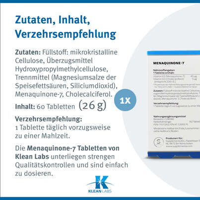 Menaquinone-7 Vitamin K2 45 mcg Klean Labs Tabletten, A-Nr.: 5395575 - 07