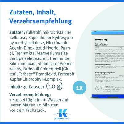 NADH 5 mg stabilisiert Klean Labs Kapseln, A-Nr.: 5395598 - 07