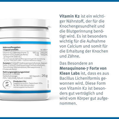 Menaquinone-7 Forte Vitamin K2 Klean Labs Kapseln, A-Nr.: 5395807 - 07