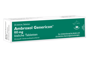 Sie sehen eine Packung Ambroxol Genericon® lösliche Tabletten zur Schleimlösung, Produktbild: 01 Ambroxol Genericon® lösliche Tabletten zur Schleimlösung, A-Nr.: 2437801 - 01