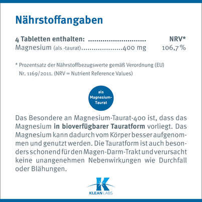 Magnesium-Taurat 400 Klean Labs Tabletten, A-Nr.: 5598249 - 08