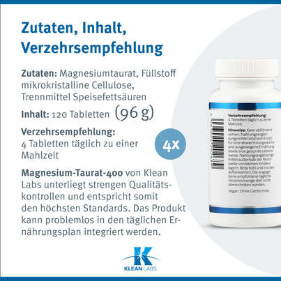 Magnesium-Taurat 400 Klean Labs Tabletten, A-Nr.: 5598249 - 09