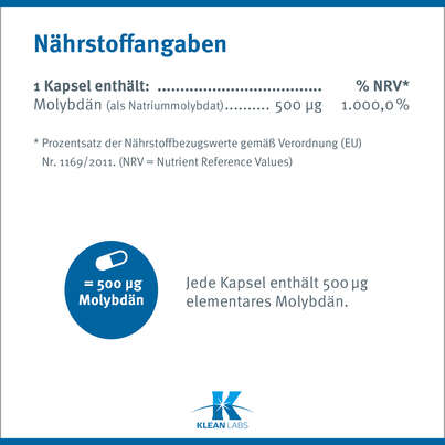 Molybdenum 500 mcg (Molybdän) Klean Labs Kapseln, A-Nr.: 5622054 - 08