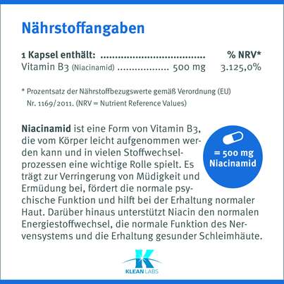 Niacinamid (B3) 500 mg Klean Labs Kapseln, A-Nr.: 5598232 - 08