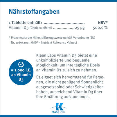 Vitamin D3 1000 i.E. Klean Labs Tabletten, A-Nr.: 5598284 - 08