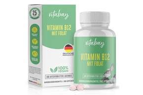 Sie sehen eine Packung Vitabay Vitamin B12 mit Folat Lutschtabletten, Produktbild: 01 Vitabay Vitamin B12 mit Folat Lutschtabletten, A-Nr.: 5878428 - 01
