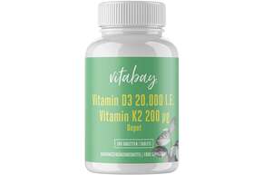 Sie sehen eine Packung Vitabay D3 Depot 20.000 I.E. + Vitamin K2 200 mcg Tabletten, Produktbild: 01 Vitabay D3 Depot 20.000 I.E. + Vitamin K2 200 mcg Tabletten, A-Nr.: 5877736 - 01