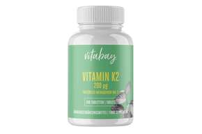 Sie sehen eine Packung Vitabay Vitamin K2 200 μg Tabletten, Produktbild: 01 Vitabay Vitamin K2 200 μg Tabletten, A-Nr.: 5877765 - 01