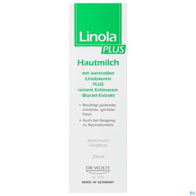 Sie sehen eine Packung Linola Plus Hautmilch 200ml, Produktbild: 01 Linola Plus Hautmilch 200ml, A-Nr.: 4554907 - 01