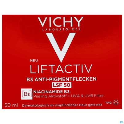Sie sehen eine Packung Vichy Liftactiv B3 Anti-pigmentflecken Creme Lsf50 50ml, Produktbild: 05 Vichy Liftactiv B3 Anti-pigmentflecken Creme Lsf50 50ml, A-Nr.: 5662504 - 05