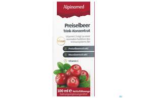 Sie sehen eine Packung Preiselbeer Trink-konzentrat Alpinamed 100ml, Produktbild: 01 Preiselbeer Trink-konzentrat Alpinamed 100ml, A-Nr.: 3326357 - 01