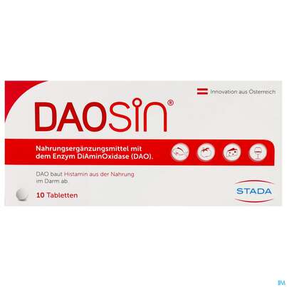 Sie sehen eine Packung Daosin Enzym Diaminooxidase Tabl 10st, Produktbild: 01 Daosin Enzym Diaminooxidase Tabl 10st, A-Nr.: 5389103 - 01