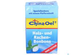 Sie sehen eine Packung China Oel Bonbons Ohne Zucker Hals/husten 40g, Produktbild: 01 China Oel Bonbons Ohne Zucker Hals/husten 40g, A-Nr.: 4899641 - 01