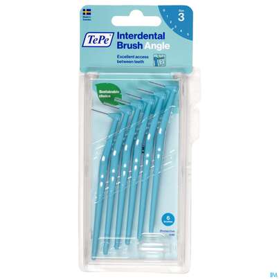 Sie sehen eine Packung Tepe Interdentalbuersten Angle 0,6mm Blau 6st, Produktbild: 01 Tepe Interdentalbuersten Angle 0,6mm Blau 6st, A-Nr.: 3793308 - 01