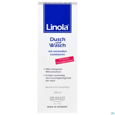 Sie sehen eine Packung Linola Dusch +wasch Mikroemulsion 300ml, Produktbild: 01 Linola Dusch +wasch Mikroemulsion 300ml, A-Nr.: 4089511 - 01