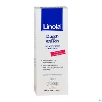 Sie sehen eine Packung Linola Dusch +wasch Mikroemulsion 300ml, Produktbild: 03 Linola Dusch +wasch Mikroemulsion 300ml, A-Nr.: 4089511 - 03