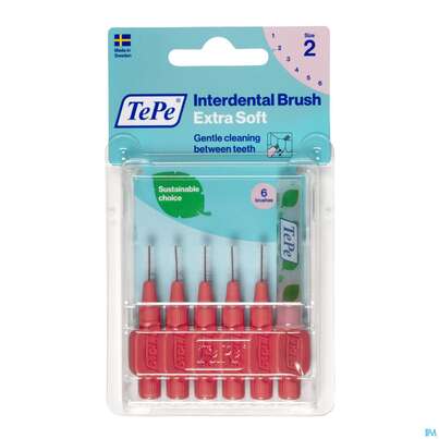 Sie sehen eine Packung Tepe Interdentalbuersten Extra Weich 0,5mm Hellrot 6st, Produktbild: 02 Tepe Interdentalbuersten Extra Weich 0,5mm Hellrot 6st, A-Nr.: 3995762 - 02