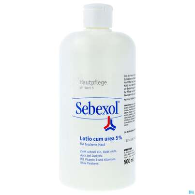 Sie sehen eine Packung Sebexol Lotio Cum Urea 5% 500ml, Produktbild: 01 Sebexol Lotio Cum Urea 5% 500ml, A-Nr.: 1784481 - 01