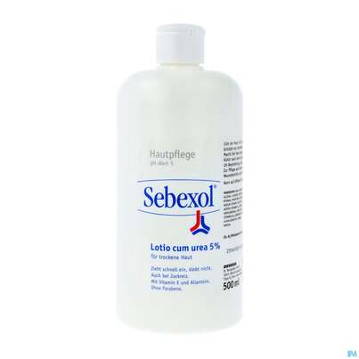 Sie sehen eine Packung Sebexol Lotio Cum Urea 5% 500ml, Produktbild: 02 Sebexol Lotio Cum Urea 5% 500ml, A-Nr.: 1784481 - 02