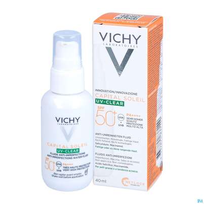 Sie sehen eine Packung Sonnenprodukte Vichy/capital Soleil Uv-clear Lsf50+ 40ml, Produktbild: 03 Sonnenprodukte Vichy/capital Soleil Uv-clear Lsf50+ 40ml, A-Nr.: 5672891 - 03