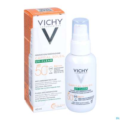 Sie sehen eine Packung Sonnenprodukte Vichy/capital Soleil Uv-clear Lsf50+ 40ml, Produktbild: 04 Sonnenprodukte Vichy/capital Soleil Uv-clear Lsf50+ 40ml, A-Nr.: 5672891 - 04
