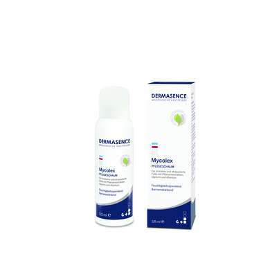 Sie sehen eine Packung Dermasence Mycolex Pflegeschaum, Produktbild: 01 Dermasence Mycolex Pflegeschaum, A-Nr.: 5182388 - 01