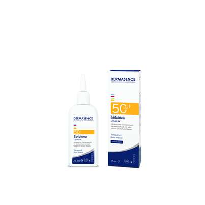 Sie sehen eine Packung Dermasence Solvinea Liquid AK mit LSF 50+, Produktbild: 01 Dermasence Solvinea Liquid AK mit LSF 50+, A-Nr.: 5625207 - 01