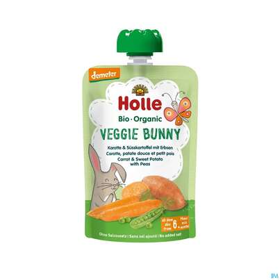 Sie sehen eine Packung Holle Demeter Bio Fruechtepueree/ab 6 Monate Veggie Bunny Karotte Suess-kartoffel/erbsen 100g, Produktbild: 01 Holle Demeter Bio Fruechtepueree/ab 6 Monate Veggie Bunny Karotte Suess-kartoffel/erbsen 100g, A-Nr.: 5080742 - 01