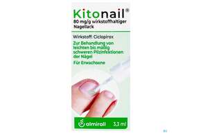 Sie sehen eine Packung Kitonail Wirkstoffhaltiger Nagellack 80mg/g 3,3ml, Produktbild: 01 Kitonail Wirkstoffhaltiger Nagellack 80mg/g 3,3ml, A-Nr.: 3763684 - 01