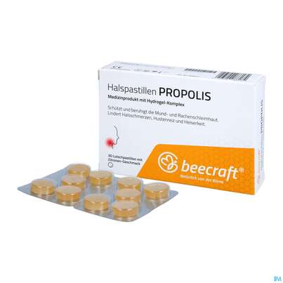 Sie sehen eine Packung Propolis Beecraft Halspastillen 62011 30st, Produktbild: 04 Propolis Beecraft Halspastillen 62011 30st, A-Nr.: 5722821 - 04