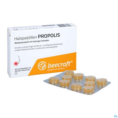 Sie sehen eine Packung Propolis Beecraft Halspastillen 62011 30st, Produktbild: 05 Propolis Beecraft Halspastillen 62011 30st, A-Nr.: 5722821 - 05