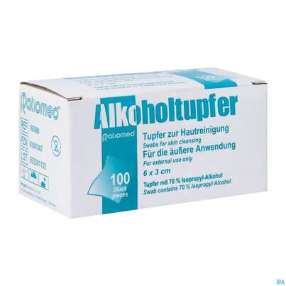Sie sehen eine Packung Alkoholtupfer 3x 3cm Gefaltet 70% Isopropyl- Alkohol 100st, Produktbild: 02 Alkoholtupfer 3x 3cm Gefaltet 70% Isopropyl- Alkohol 100st, A-Nr.: 5764802 - 02